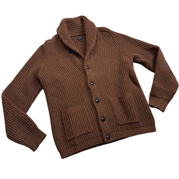 J.Crew Other - J Crew Lambswool Shawl Cardigan Mens L Brown Leather Elbow Patches Dark Academia
